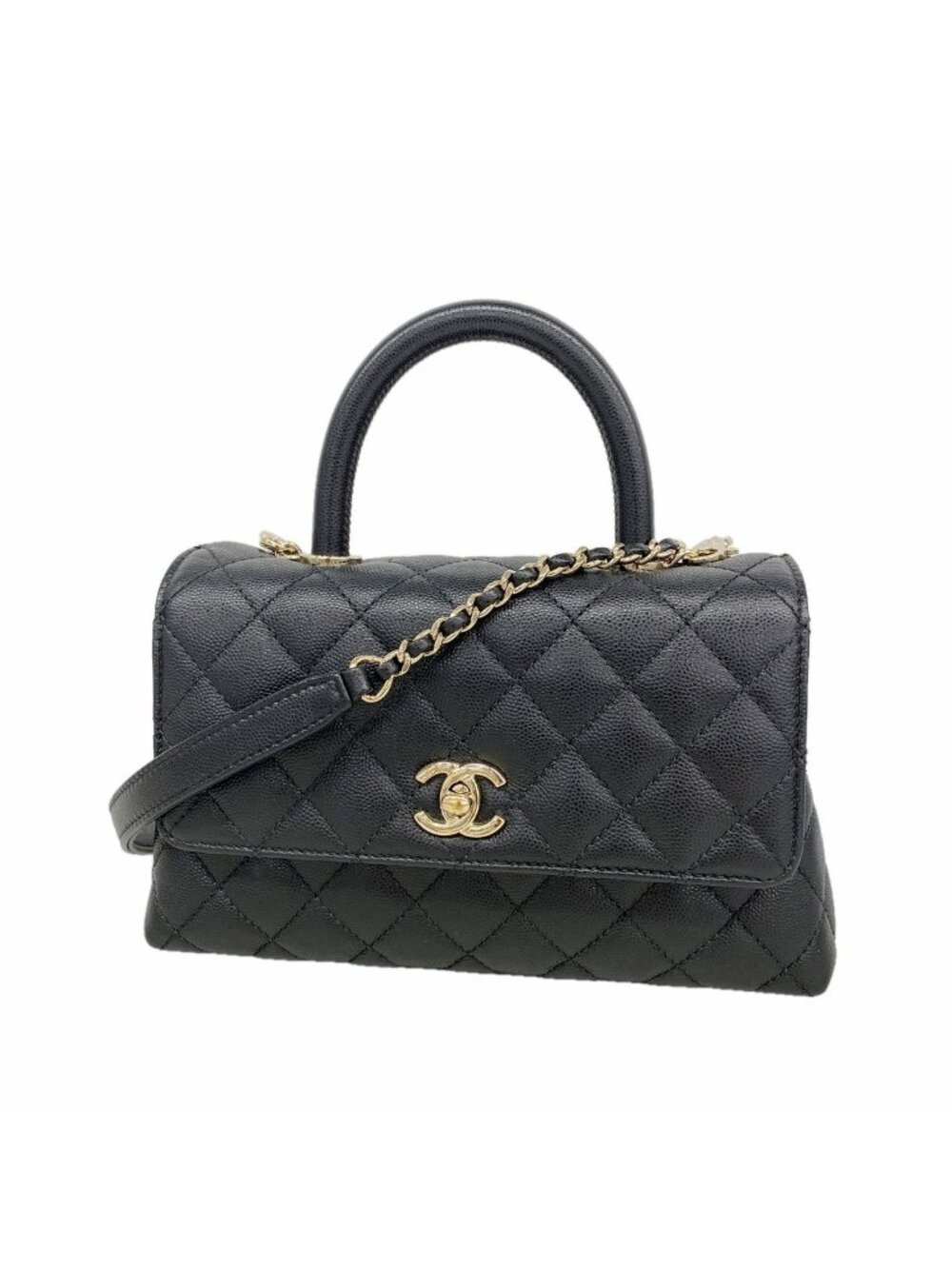 Chanel Handbag Coco Handle Caviar Leather Black Champagne Gold 2-Way Bag